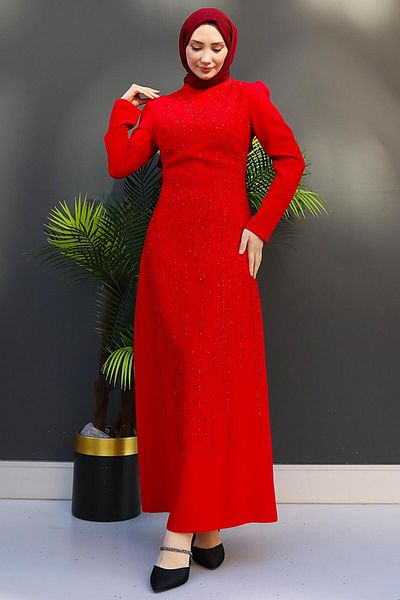 GİZ AGİYİM Red Row Stone Detailed Pencil Dress