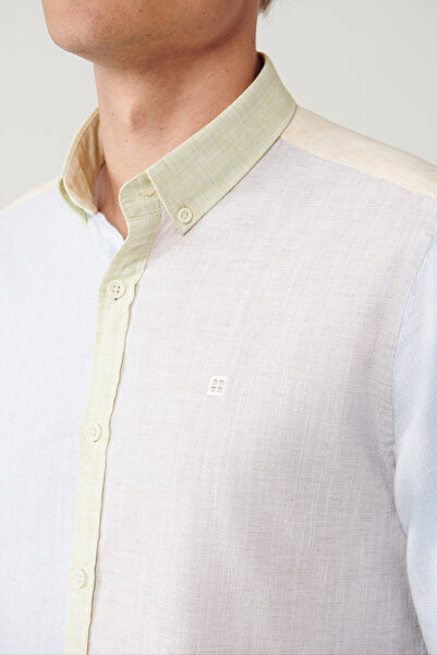 Avva Erkek Açık Mavi Düğmeli Yaka Keten Karışımlı Regular Fit Gömlek A41Y2068