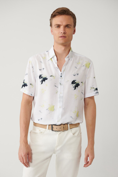Avva Erkek Beyaz%100 Viskon Alttan Britli Yaka Baskılı Viskon Kısa Kollu Regular Fit Gömlek A41Y2180