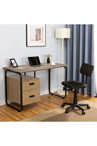 Adore Mobilya Retro 2 Çekmeceli Metal Ayaklı Çalışma Masası-Ceviz/Siyah 120x7...