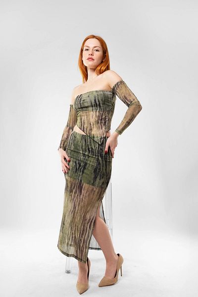 Bak Moda Cross Cut Detailed Lined Tulle Green Skirt Blouse Set
