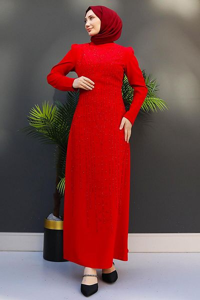 GİZ AGİYİM Red Row Stone Detailed Pencil Dress