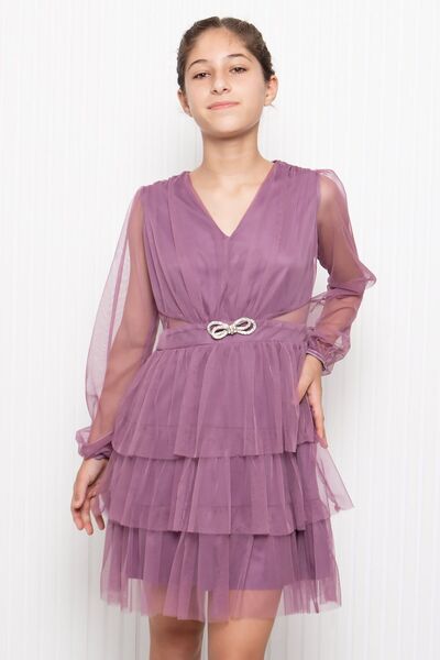 SUBU TASARIM Girl's Evening Dress Graduation Dress Tulle with Stone Accessory Detail Tbs0358