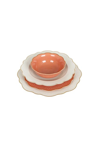 Lucky Art Laurance Krem&Yanık Turuncu renkli New Bone China Yemek Takımı 24 p...