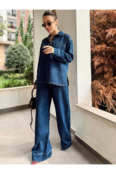 Maldia Shop Különleges sorozatú farmer női nadrág és ing szett - kék