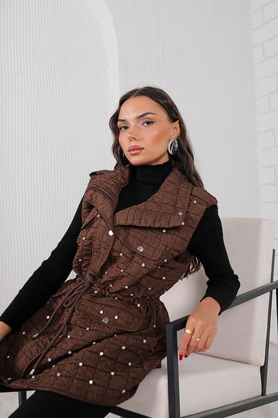 Melike Tatar Brown Jewelled Quilted Vest 32-2232
