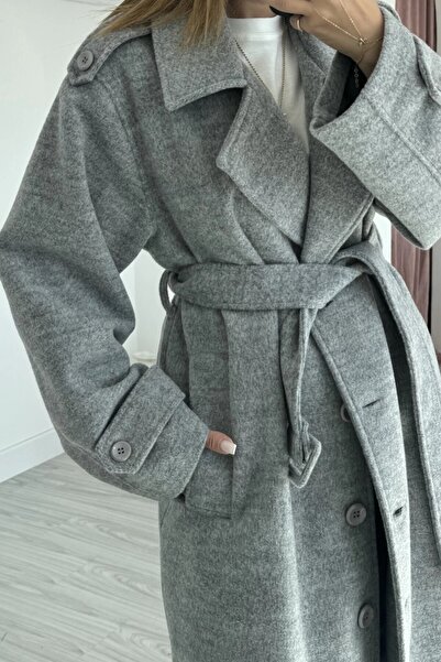 Suziş Kadın Premium Gri Renk Kaşe Uzun Kemerli Standart Beden Kaban 9494