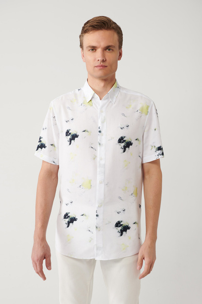 Avva Erkek Beyaz%100 Viskon Alttan Britli Yaka Baskılı Viskon Kısa Kollu Regular Fit Gömlek A41Y2180