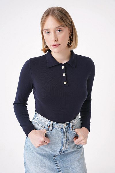 CHUBA Women's Soft Textured Gold Buttoned Polo Collar Knitwear Sweater Navy Blue 25W3012