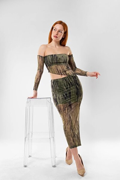 Bak Moda Cross Cut Detailed Lined Tulle Green Skirt Blouse Set