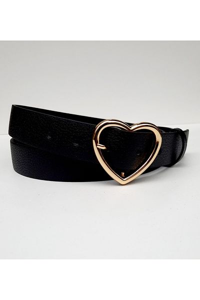 Kemerix Black Women's Belt with Heart Buckle Gold Buckle