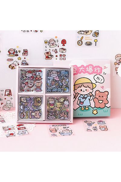 GUGUK 100 Sheets 4 Compartments Girl and Bear Themed Sticker Set - Bullet Journal (Ggk-Dz070)