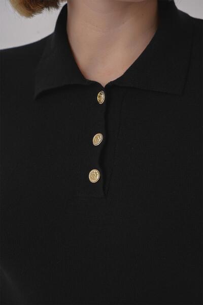 CHUBA Pulover de damă cu textura moale, cu nasturi aurii, cu gât polo, negru 25w3012