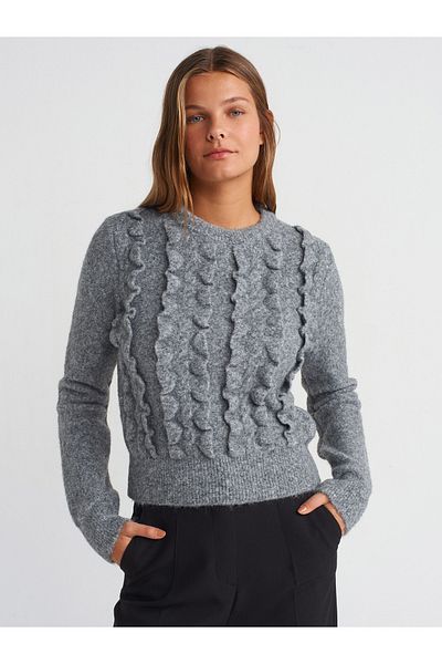 Dilvin 10642 Model Smoke Color Crew Neck and Ruffle Knitwear Sweater - M.