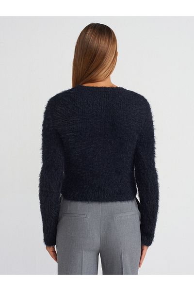 Dilvin 10659 Crew Neck Soft Textured Shiny Knitwear Sweater-Black