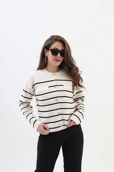 VAPUR TEKSTİL Ζακέτα με ριγέ Navy Blue-Ecru Crew Neck
