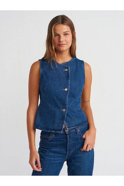 Dilvin 50741 Crew Neck Denim Vest - Navy Blue