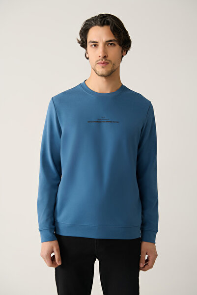 Avva Erkek İndigo Bisiklet Yaka İnterlok Baskılı Regular Fit Sweatshirt A41Y1246