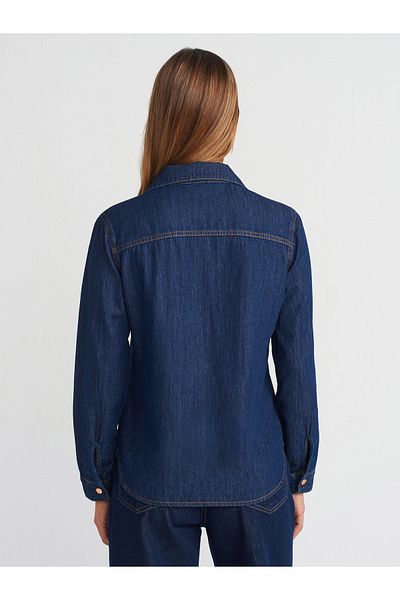 Dilvin 50743 Draped Fabric Basic Denim Shirt-Navy Blue
