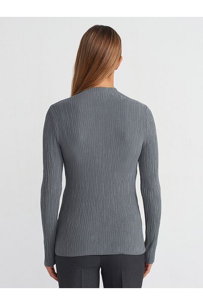 Dilvin 10631 Stand Collar Thin Textured Knitwear Sweater-Smoked