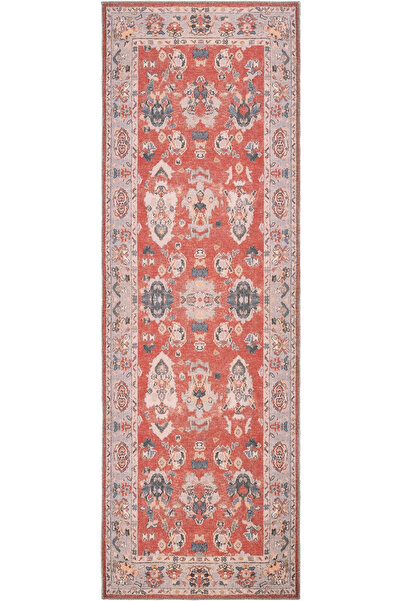 Cool Halı Private Kırmızı Eskitme Vintage Halı Otantik Etnik Desenli Şönil Yolluk Yıkanabilir Koridor Halısı