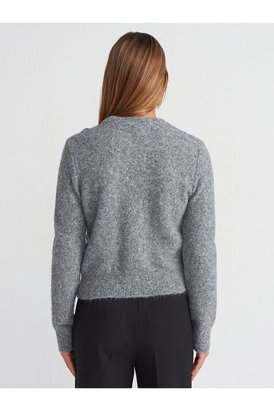 Dilvin 10642 Model Smoke Color Crew Neck and Ruffle Knitwear Sweater - M.
