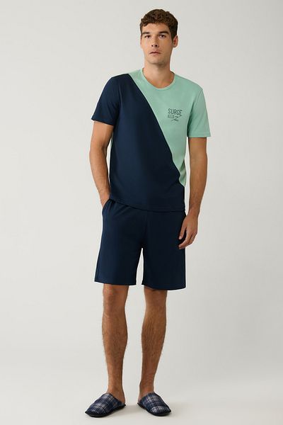 Avva Men's Navy Blue Crew Neck 100% Cotton Shorts Special Boxed Pajamas Set E 003302
