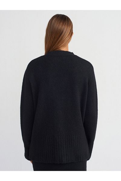 Dilvin 60269 V-Neck Stone Buttoned Soft Textured Knitwear Cardigan with Pockets - Black