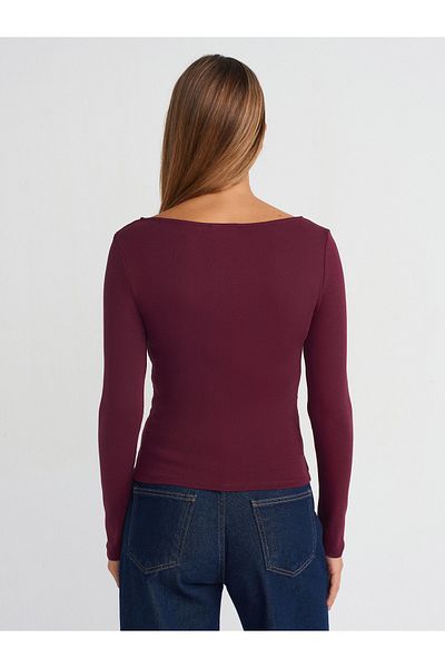 Dilvin 31401 Gathered Boat Neck Top-Burgundy