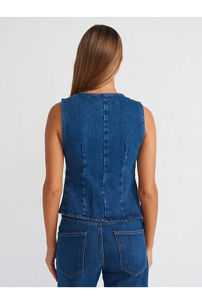 Dilvin 50741 Crew Neck Denim Vest - Navy Blue