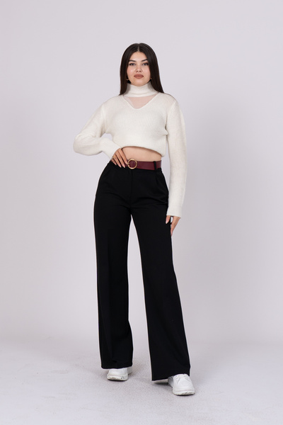 MissVina Pantaloni largi cu curea și din material tip stofă buzunare 30190