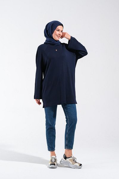 Plistre 2255_Reglan Sleeves Minimal Printed Basic Oversize Comfortable Fit Hijab Tunic