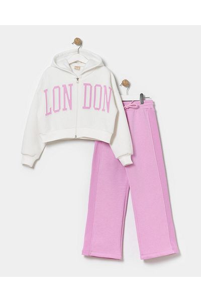 Magu Girl's Winter London Patterned Hooded Cotton Jacket Tracksuit Top and Bottom Set