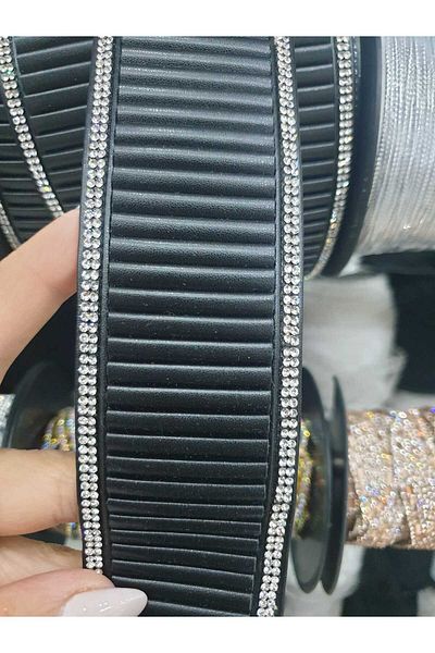 ESRA ŞELEM Black Leather Decorative Strip - Edge Stone Detailed, Wide Enli, Clothing Applique Hobby Accessory