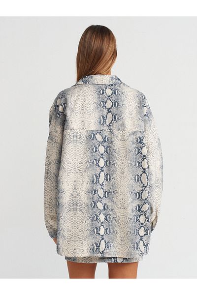 Dilvin 50742 Ecru Color Oversize Snake Printed Denim Shirt
