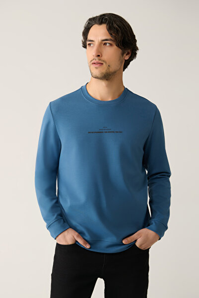 Avva Herren-Sweatshirt mit Rundhalsausschnitt und Interlock-Print in Indigo, reguläre Passform, A41Y1246