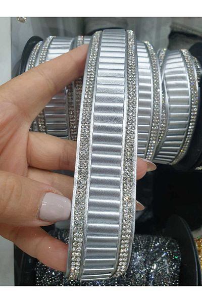 ESRA ŞELEM Silver Colored Leather Decorative Strip - Edge Stone Detail, Sewing Accessory, Clothing Applique Hobby