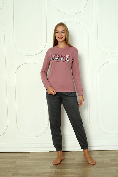 Wordex Fwn 04-3011 Interlock Fabric Love Printed Winter Home Women's Pajamas Set