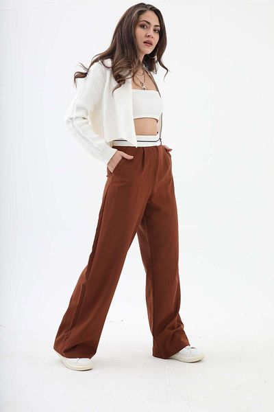 VAPUR TEKSTİL High Waist Brown Palazzo Trousers - Belt Detailed