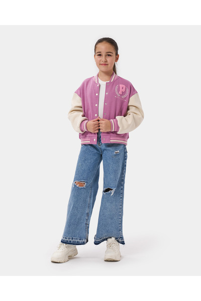 Minipodyum Girl's Paris Sloglan Built-In Embroidered Snap Front Closure Bomber College Jacket