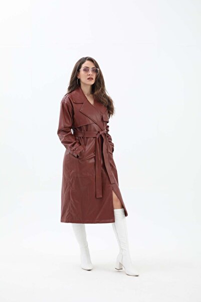 VAPUR TEKSTİL Allerli Beli Kuşaklı Deri Trençkot - Bordo