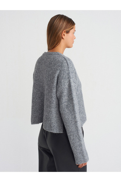 Dilvin 60280 Buttoned Soft Knitwear Cardigan - Stand Collar, Slit, Smoked M.