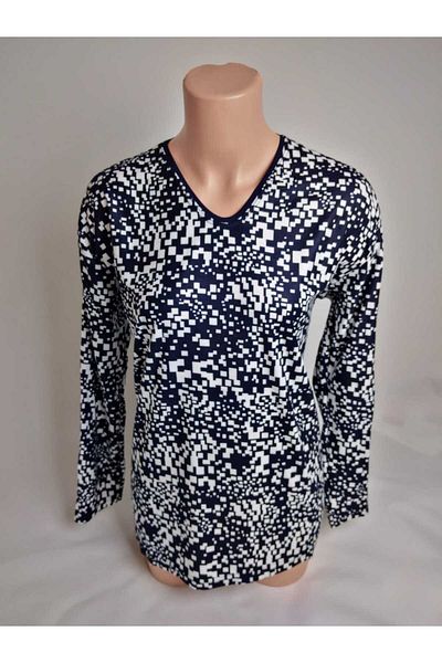 YAŞAR TRİKO Tricou din piele intoarsa albastru bleumarin cu decolteu in V - Bluza de sezon pentru mama cu maneca lunga