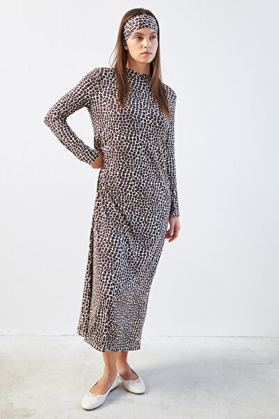 Bipantolon Γυναικείο μακρυμάνικο φόρεμα με στάμπα με μισό ζιβάγκο