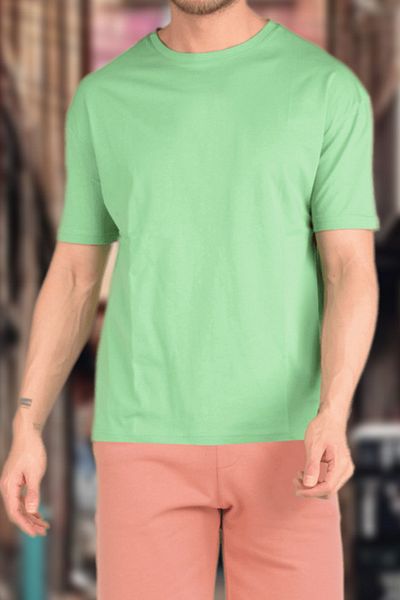 BESSA Make Love Printed Cotton T-Shirt and Shorts Set for Men - Green Salmon