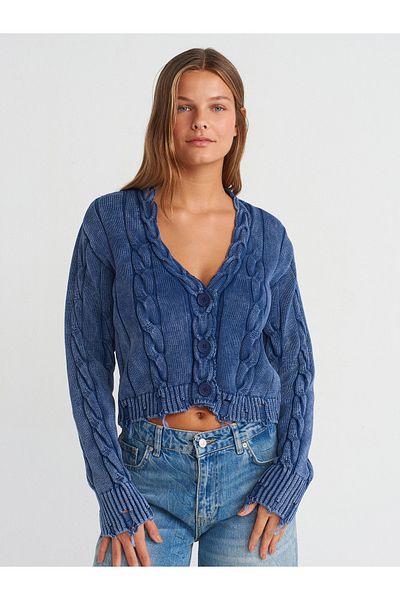 Dilvin 60263 Pale Effect Buttoned Ripped Detailed Knitwear Cardigan-Indigo