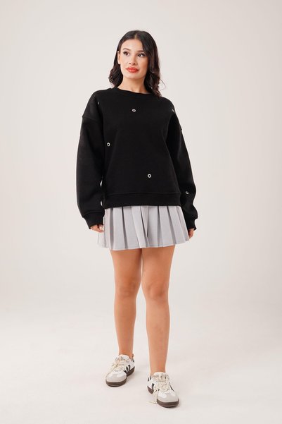 Hipo Trend Three Thread Bird Eye Detailed Black Sweatshirt