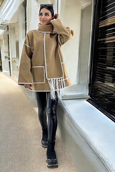 ALFUDO Moda Collection Nakış Detaylı Atkılı Yumuşak Kaşe Kaban Bej Ceket