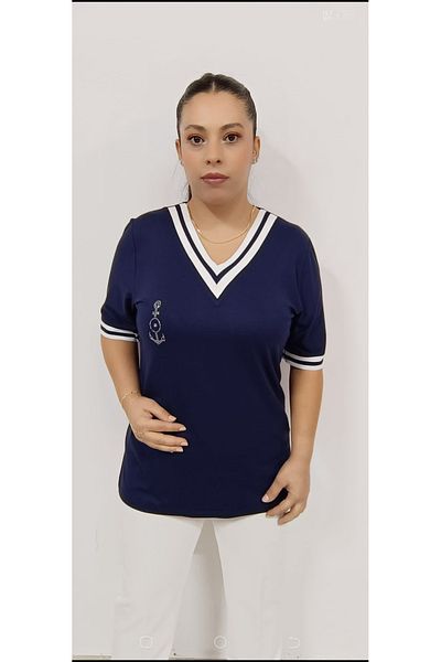 AKŞEN GİYİM LARGE SIZE COLLAR AND ARMS MERCERIZED RIBBED STONE CHIPPER FIGURED SHORT SLEEVE COTTON V-NECK MARIN BLUZ