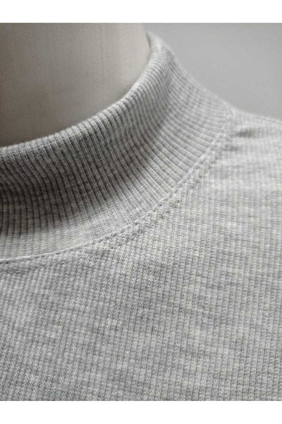 LADY HAZAL Gray Ribbed Half Turtleneck Camisole Crop Body Darkled Long Sleeve Knitted Blouse